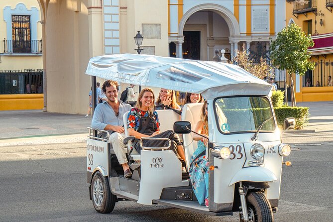 Tour Welcome Seville with Local Guide in Eco Tuk Tuk Private - Plaza de América and the River Skyline Details